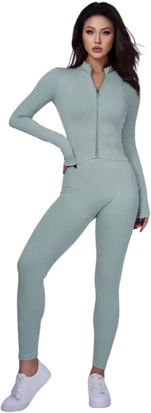 3 Piece Workout Sets for Women Butt Lifting Leggings with High Impact Sports Bra Gym long-sleeved jacket, Green Striped