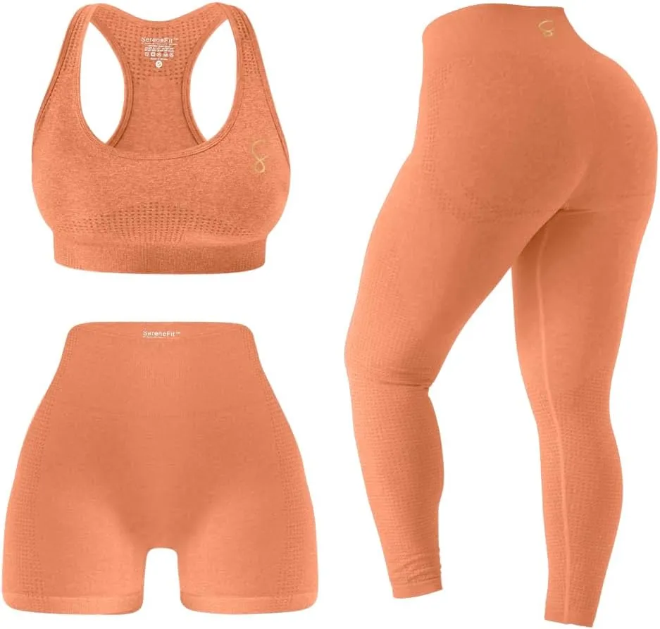 3 Piece Workout Sets For Women Seamless High Waisted Matching Exercise Leggings Shorts and Sports Bra Active Set