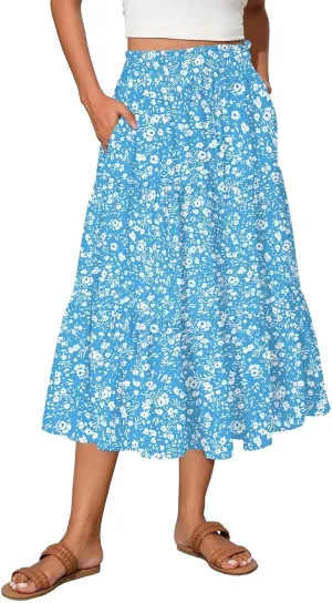 ADHOWBEW Maxi Skirts for Women Summer Beach Cotton Casual Floral Print Trendy Smocked High Waist Skirts