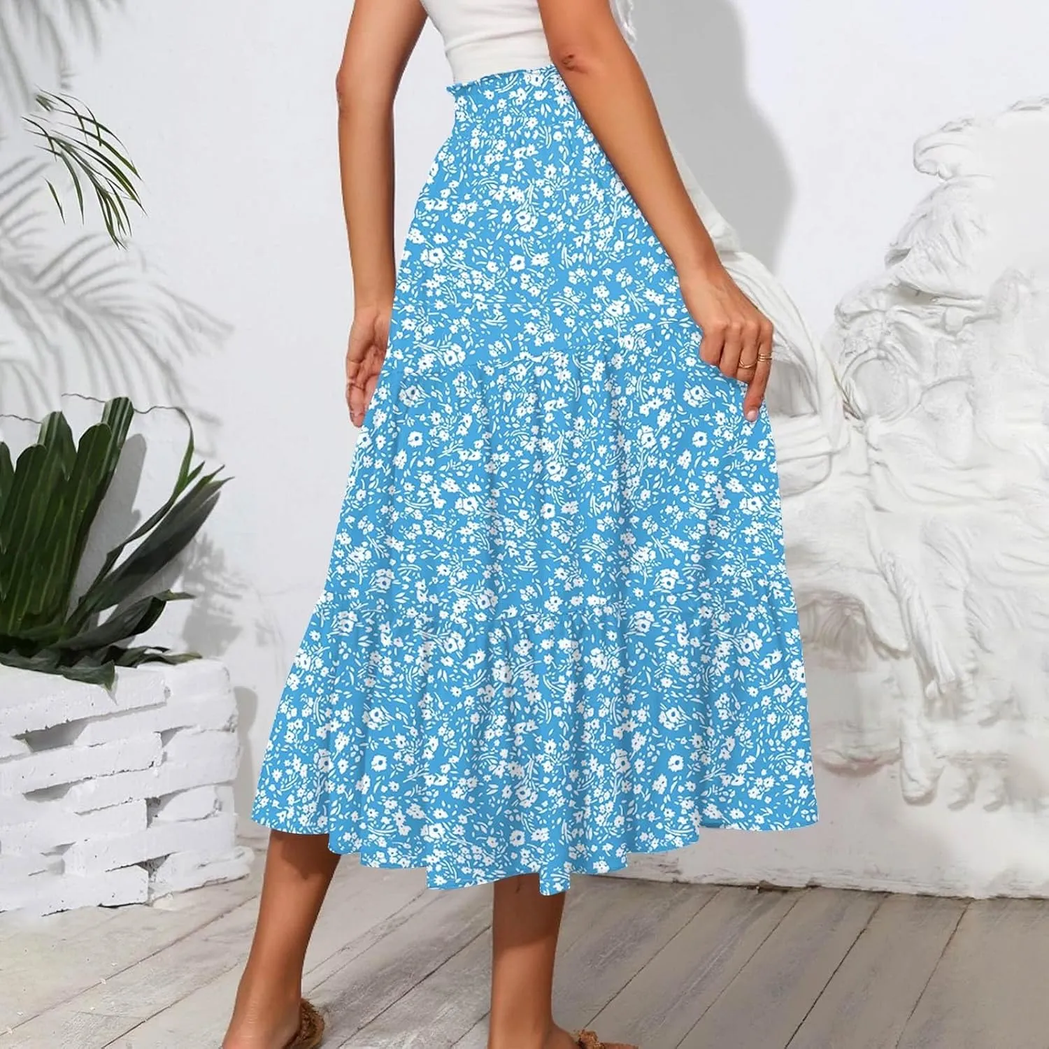 ADHOWBEW Maxi Skirts for Women Summer Beach Cotton Casual Floral Print Trendy Smocked High Waist Skirts