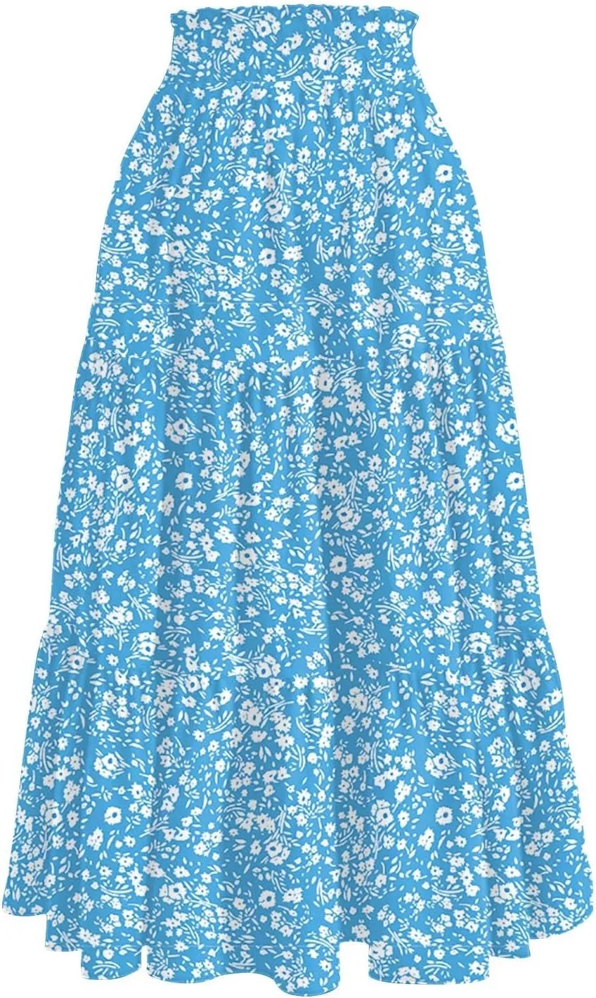 ADHOWBEW Maxi Skirts for Women Summer Beach Cotton Casual Floral Print Trendy Smocked High Waist Skirts