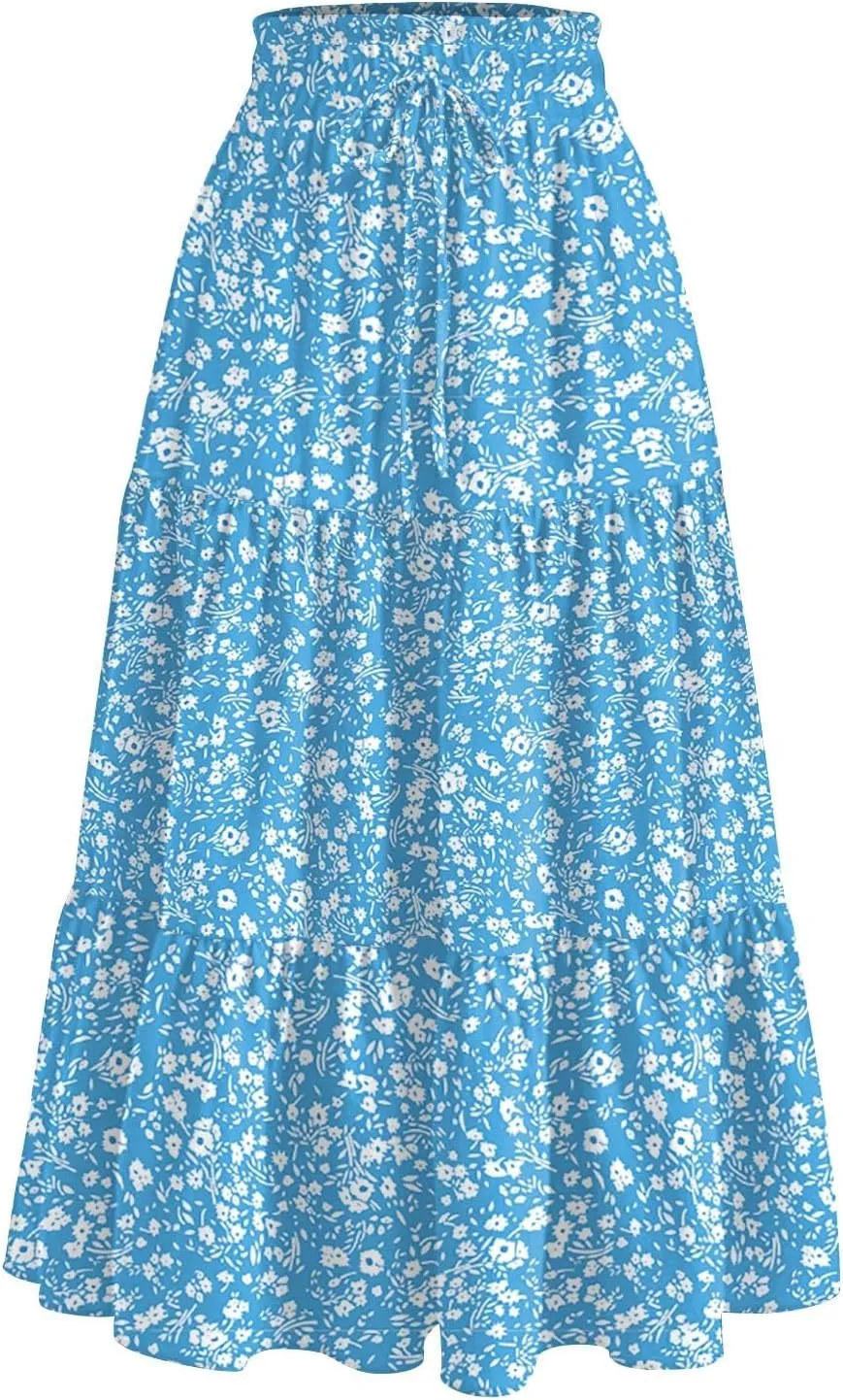 ADHOWBEW Maxi Skirts for Women Summer Beach Cotton Casual Floral Print Trendy Smocked High Waist Skirts