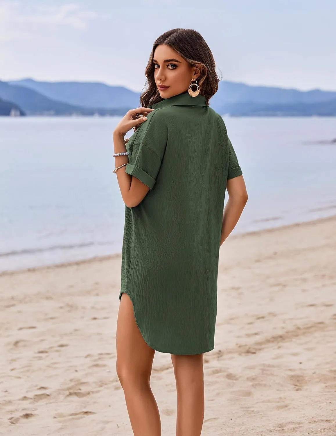 AI'MAGE Women's Swimsuit Coverup V Neck Bathing Suit Cover Up Shirt Short Sleeves Beach Bikini Swimwear Dress S-3XL