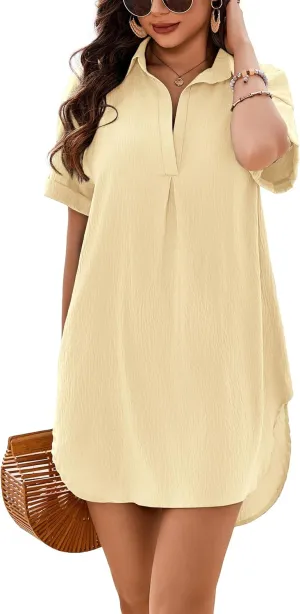 AI'MAGE Women's Swimsuit Coverup V Neck Bathing Suit Cover Up Shirt Short Sleeves Beach Bikini Swimwear Dress S-3XL
