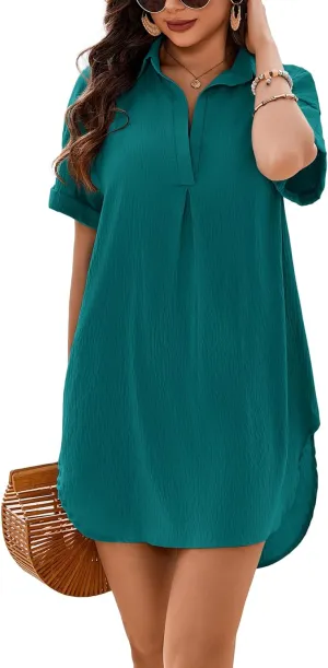 AI'MAGE Women's Swimsuit Coverup V Neck Bathing Suit Cover Up Shirt Short Sleeves Beach Bikini Swimwear Dress S-3XL