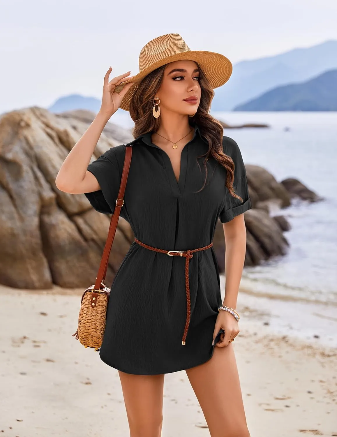 AI'MAGE Women's Swimsuit Coverup V Neck Bathing Suit Cover Up Shirt Short Sleeves Beach Bikini Swimwear Dress S-3XL