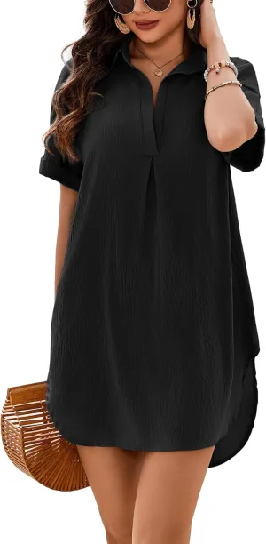 AI'MAGE Women's Swimsuit Coverup V Neck Bathing Suit Cover Up Shirt Short Sleeves Beach Bikini Swimwear Dress S-3XL