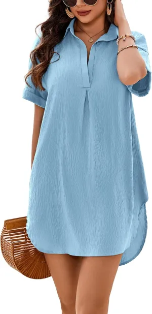 AI'MAGE Women's Swimsuit Coverup V Neck Bathing Suit Cover Up Shirt Short Sleeves Beach Bikini Swimwear Dress S-3XL