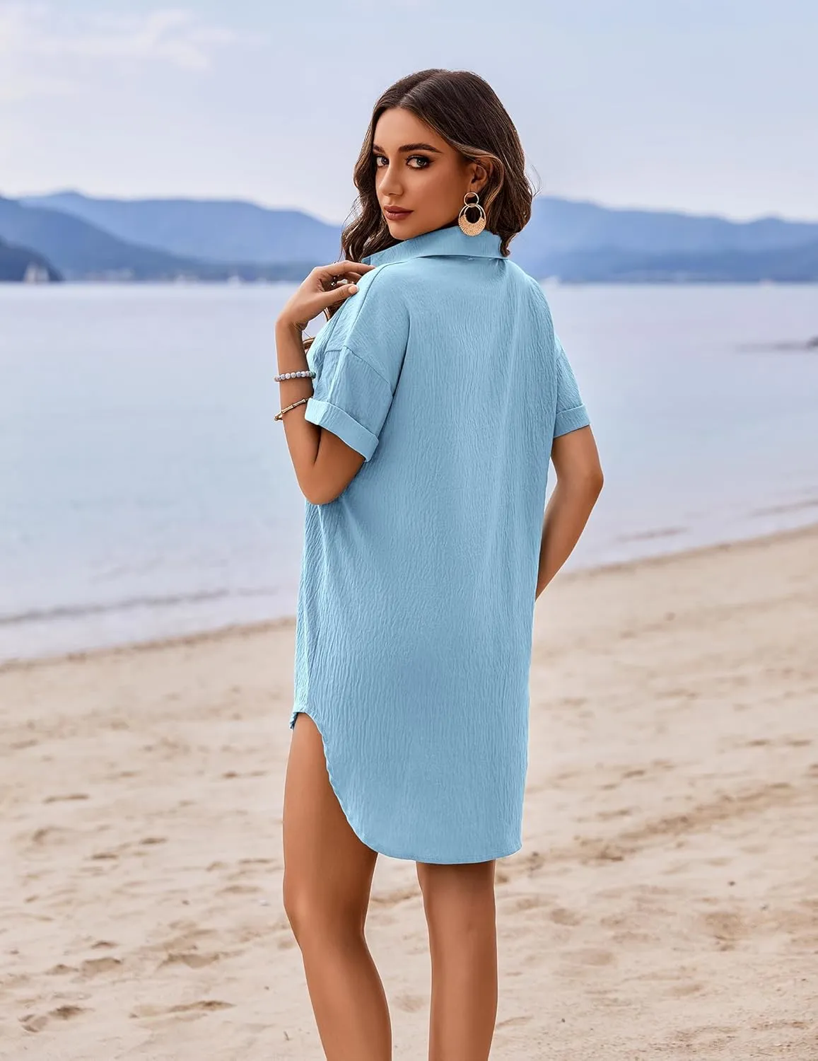 AI'MAGE Women's Swimsuit Coverup V Neck Bathing Suit Cover Up Shirt Short Sleeves Beach Bikini Swimwear Dress S-3XL