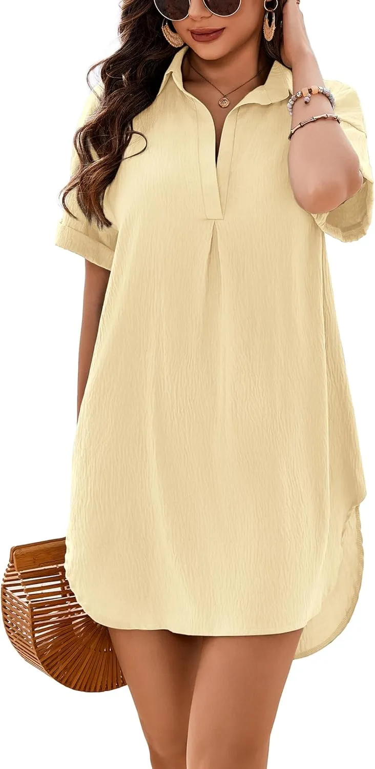 AI'MAGE Women's Swimsuit Coverup V Neck Bathing Suit Cover Up Shirt Short Sleeves Beach Bikini Swimwear Dress S-3XL