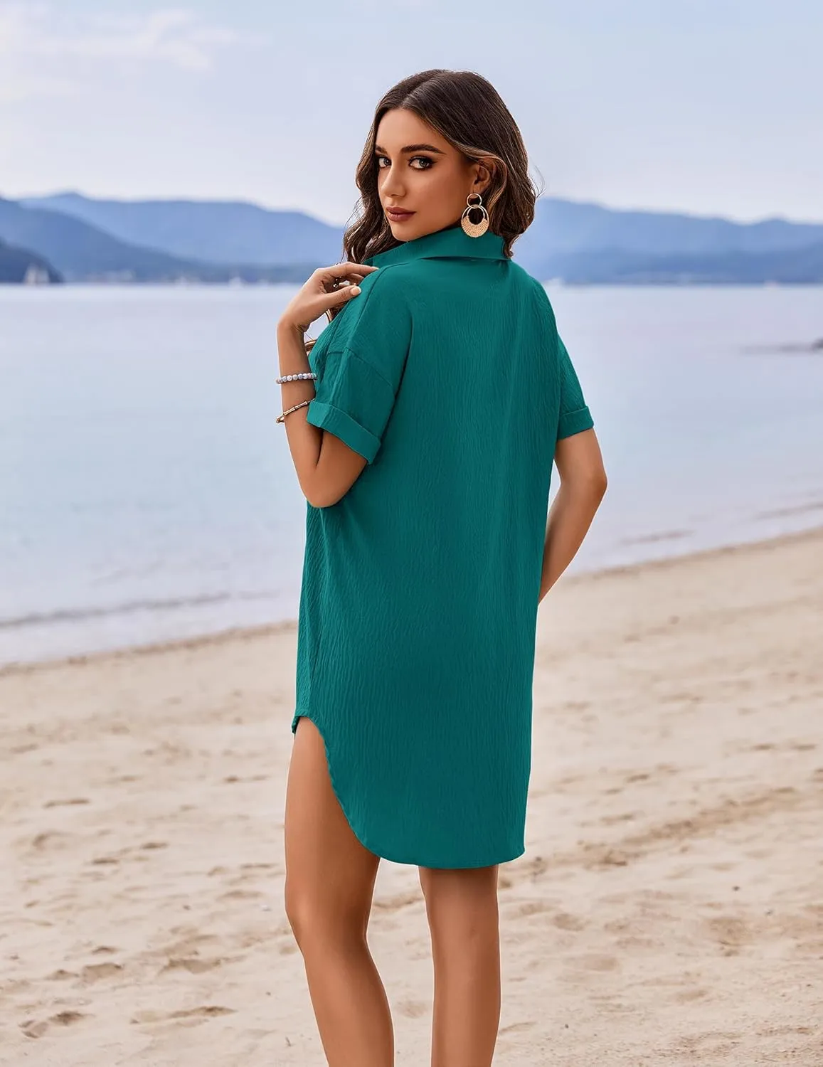 AI'MAGE Women's Swimsuit Coverup V Neck Bathing Suit Cover Up Shirt Short Sleeves Beach Bikini Swimwear Dress S-3XL