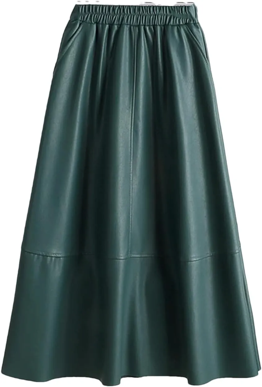Autumn Winter Female Faux PU-Leather Midi Skirts Patchwork High Waist A-Line Umbrella Skirts Pockets