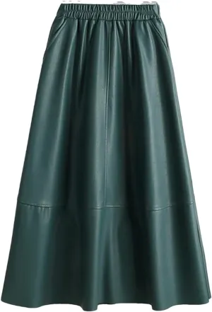 Autumn Winter Female Faux PU-Leather Midi Skirts Patchwork High Waist A-Line Umbrella Skirts Pockets