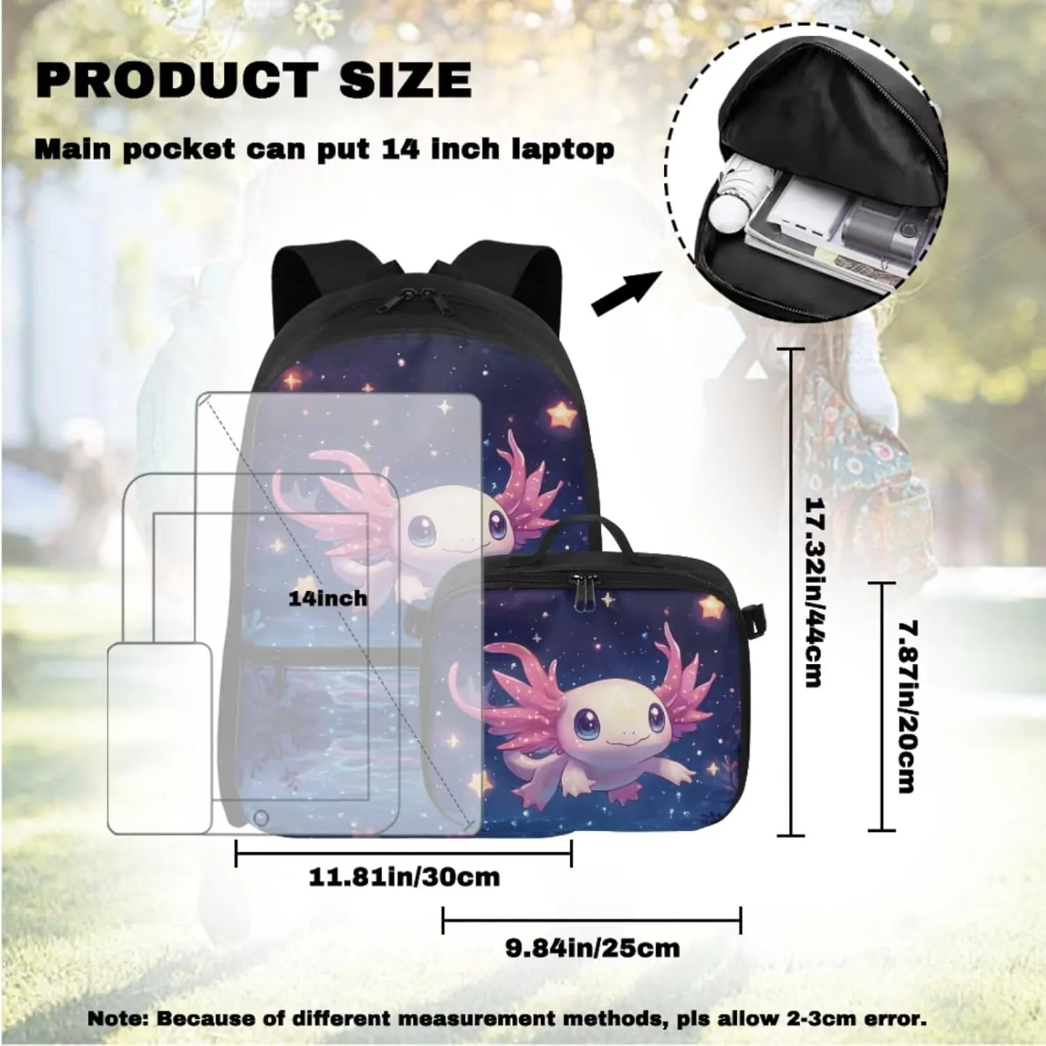 Axolotl Bookbag for Girls with Lunch Star Backpacks for Girls 10-12 Lightweight Insulated Water Bottle with Handle