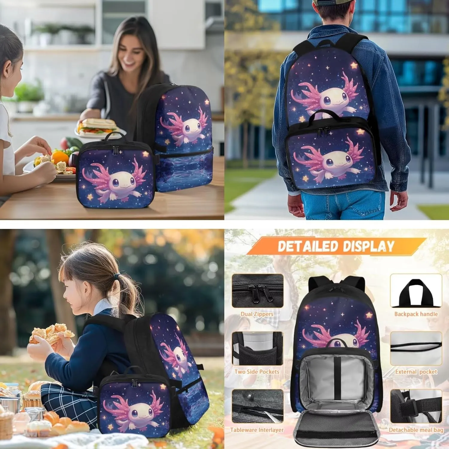 Axolotl Bookbag for Girls with Lunch Star Backpacks for Girls 10-12 Lightweight Insulated Water Bottle with Handle