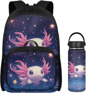 Axolotl Bookbag for Girls with Lunch Star Backpacks for Girls 10-12 Lightweight Insulated Water Bottle with Handle