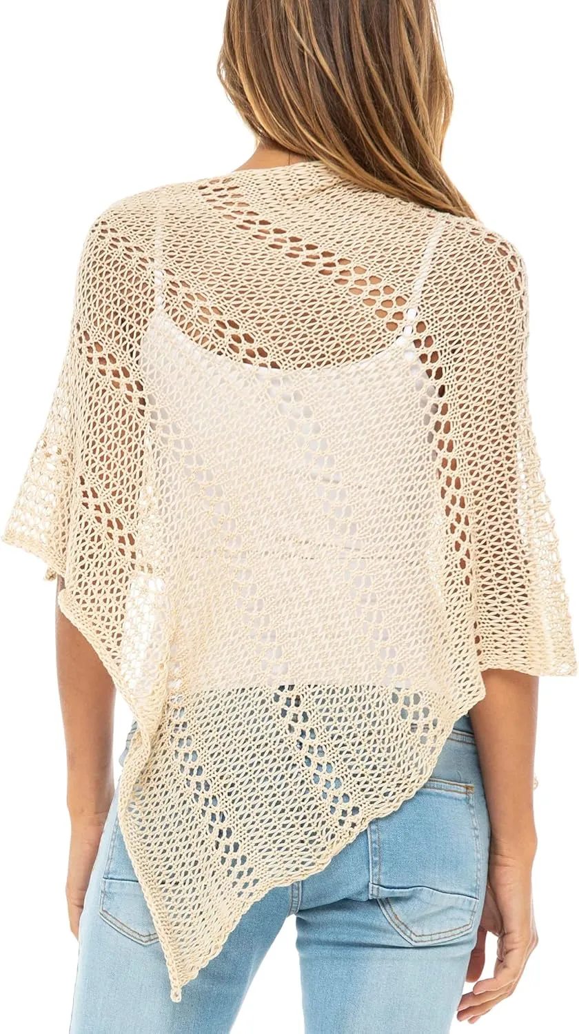 Back From Bali Womens 100% Cotton Knit Poncho Sweater Lightweight Artisan Summer Shrug Shawl