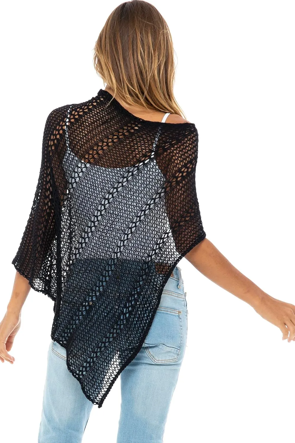 Back From Bali Womens 100% Cotton Knit Poncho Sweater Lightweight Artisan Summer Shrug Shawl