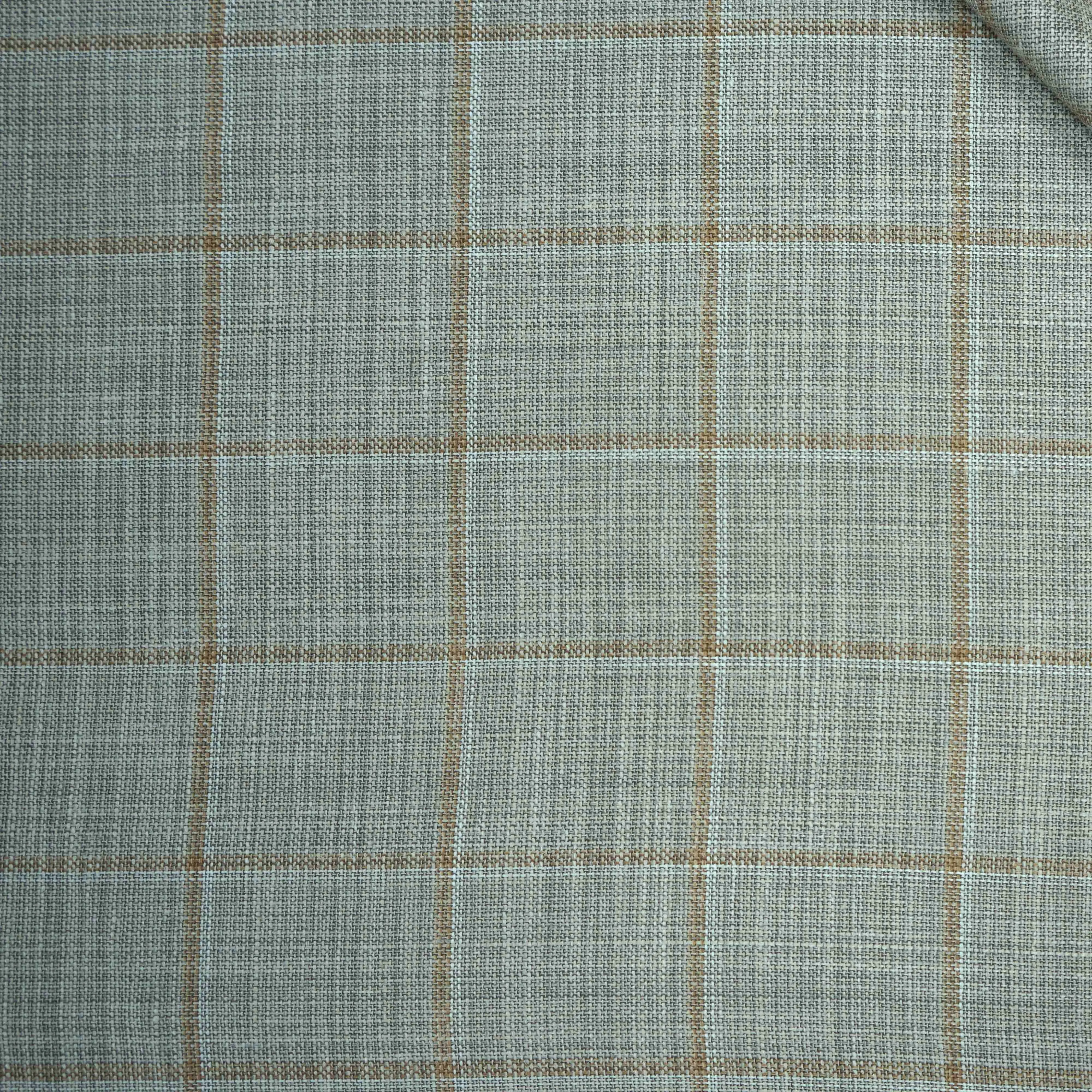 Beige Brown Windowpane Loro Piana Wool Silk and Linen Summertime Wool Fabric
