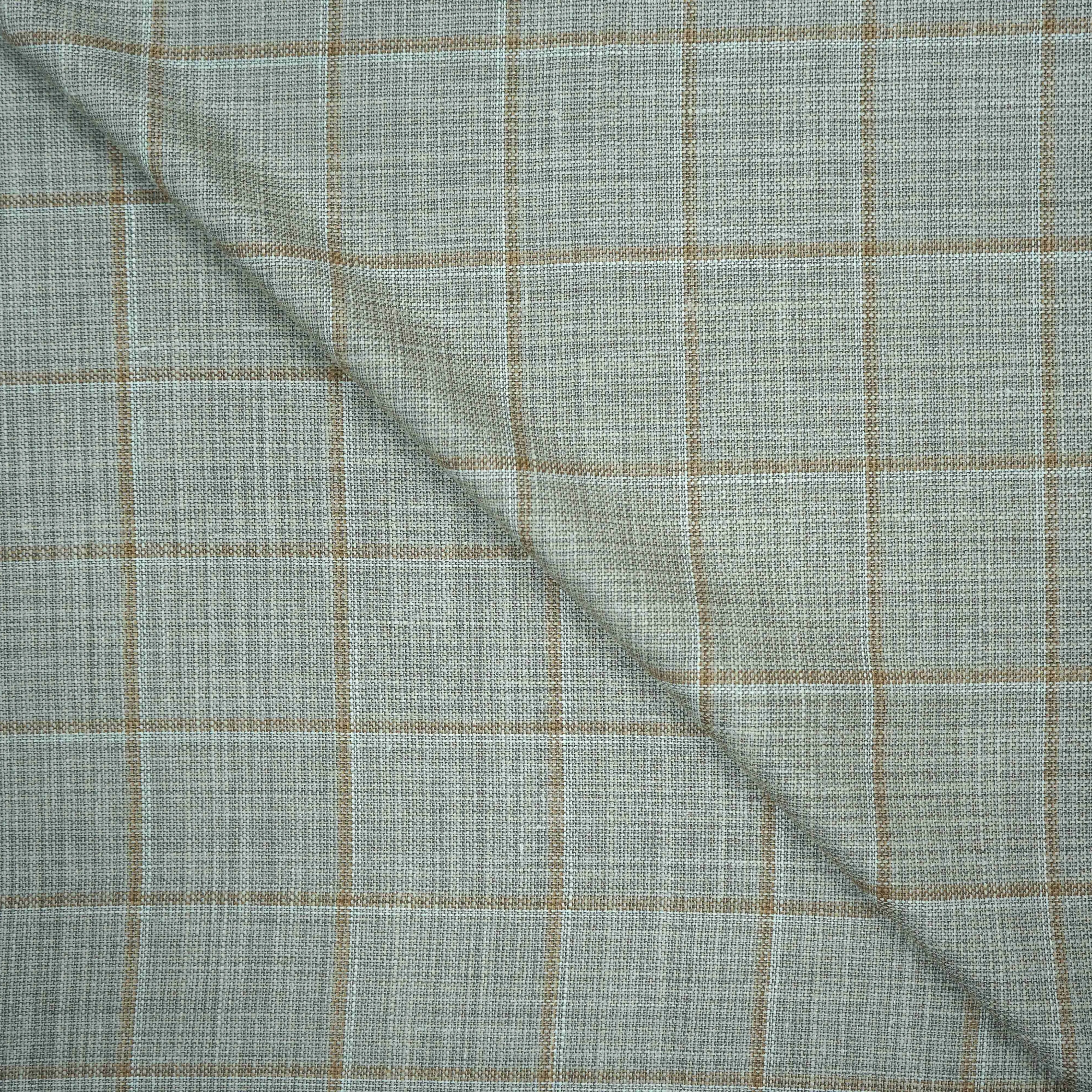 Beige Brown Windowpane Loro Piana Wool Silk and Linen Summertime Wool Fabric