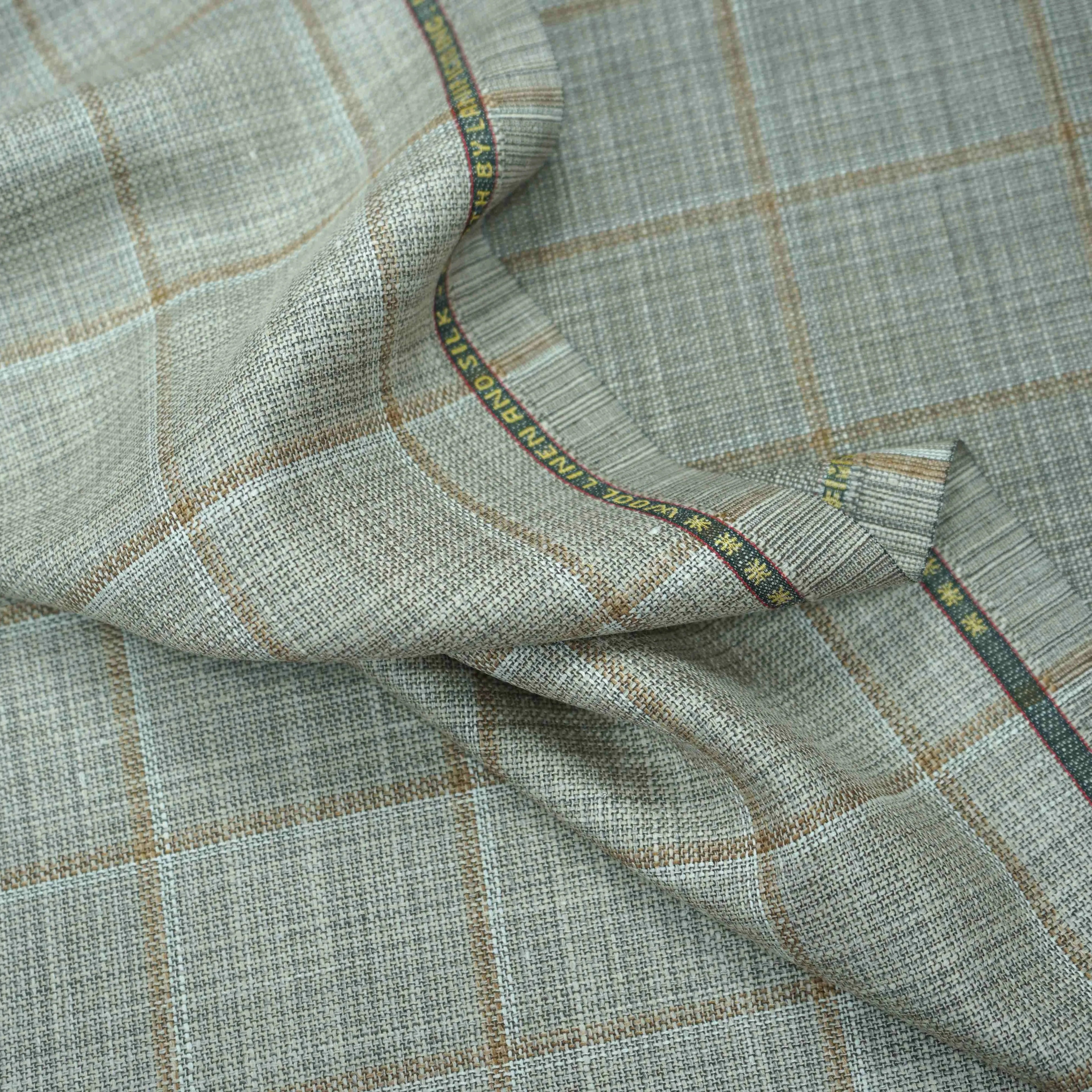 Beige Brown Windowpane Loro Piana Wool Silk and Linen Summertime Wool Fabric