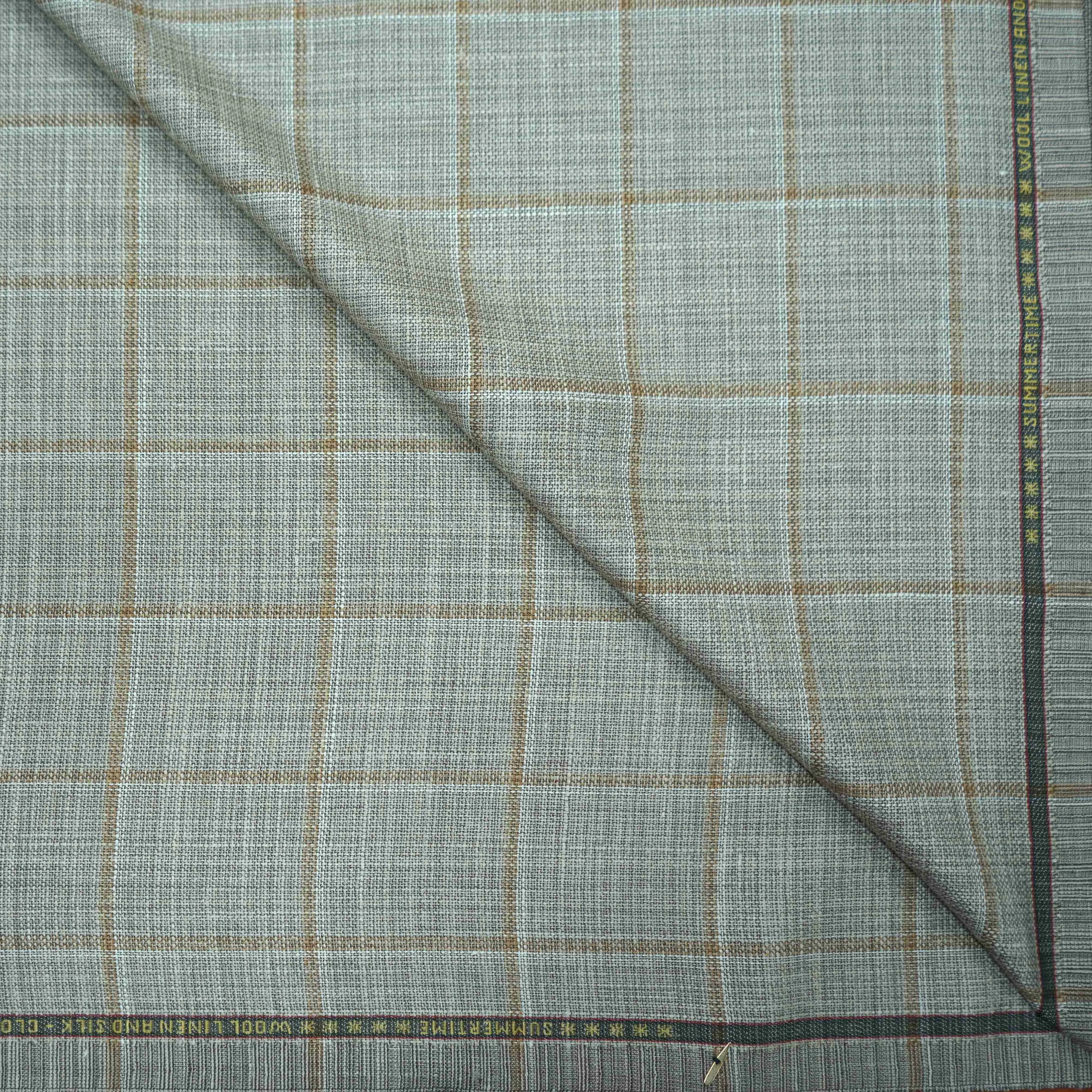 Beige Brown Windowpane Loro Piana Wool Silk and Linen Summertime Wool Fabric