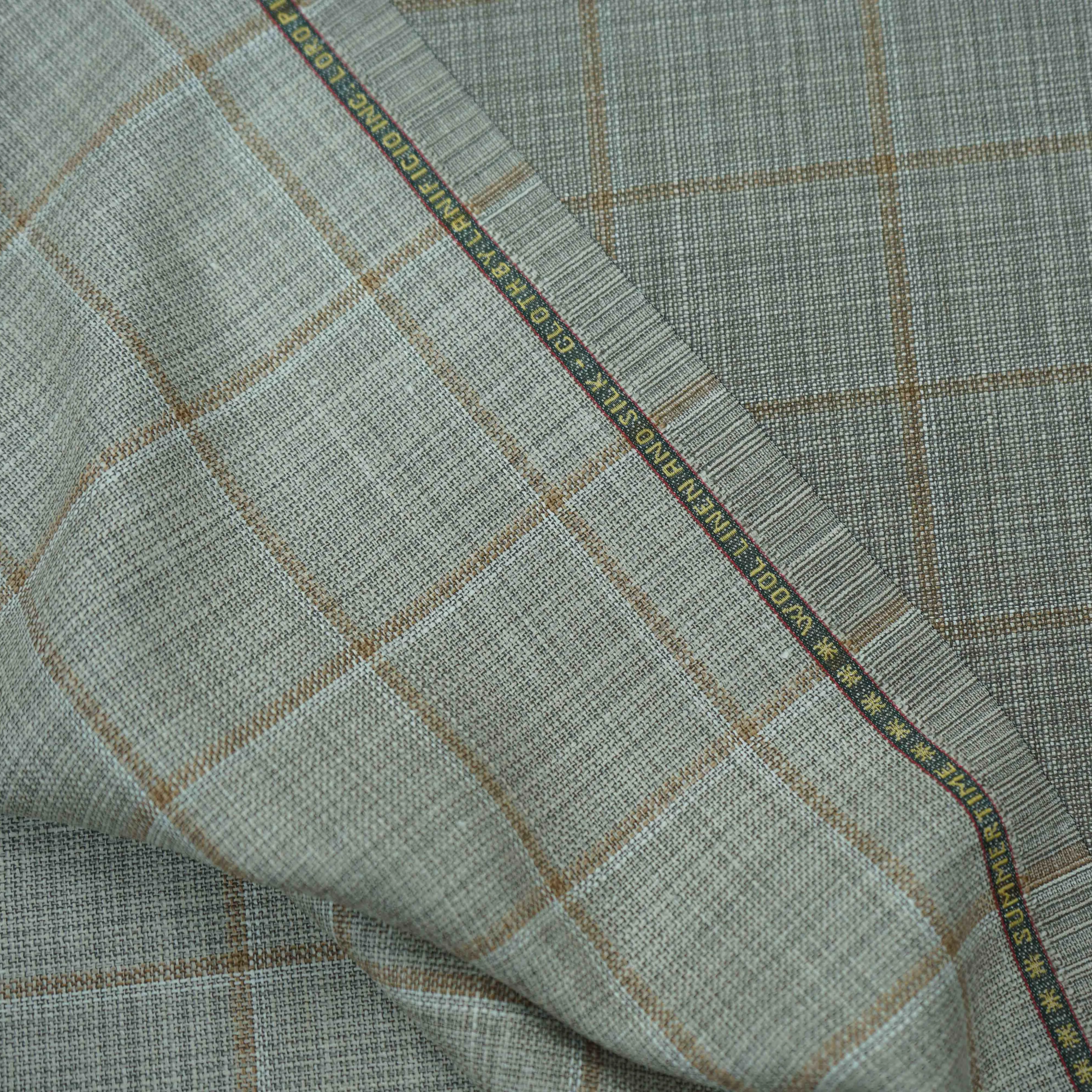 Beige Brown Windowpane Loro Piana Wool Silk and Linen Summertime Wool Fabric
