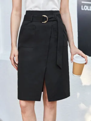 BIZwear Dual Pocket Split Hem Belted Skirt Workwear
