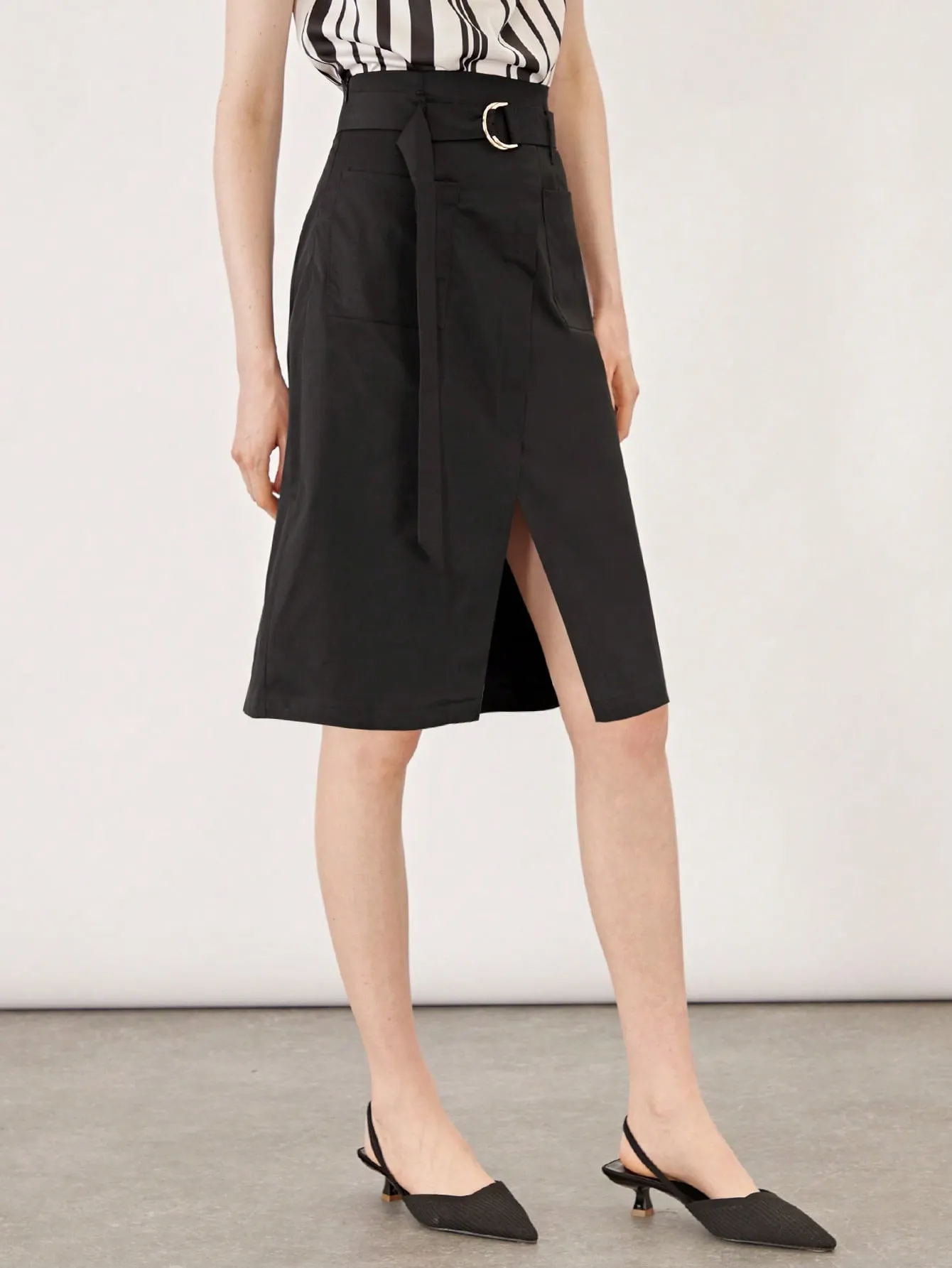 BIZwear Dual Pocket Split Hem Belted Skirt Workwear