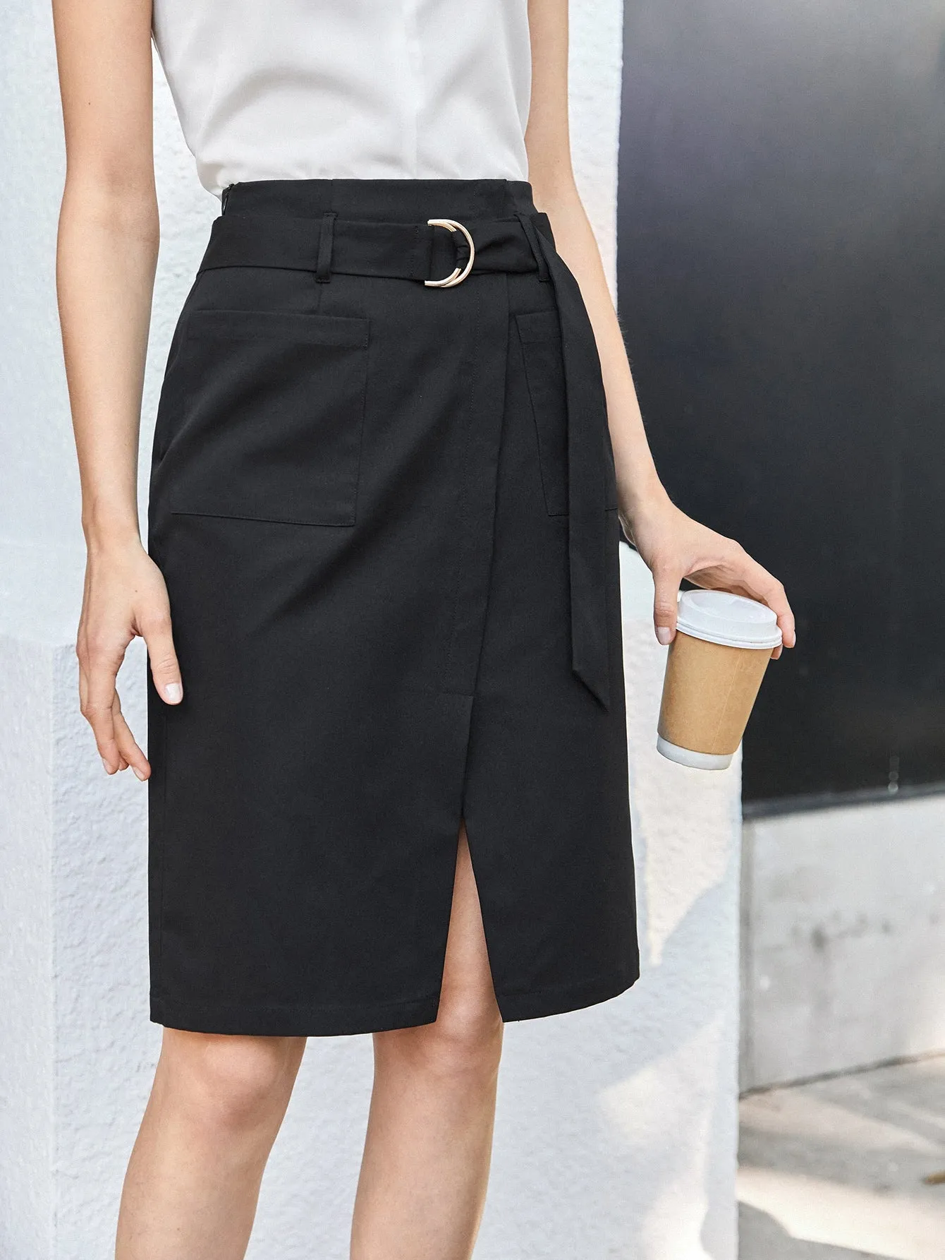 BIZwear Dual Pocket Split Hem Belted Skirt Workwear