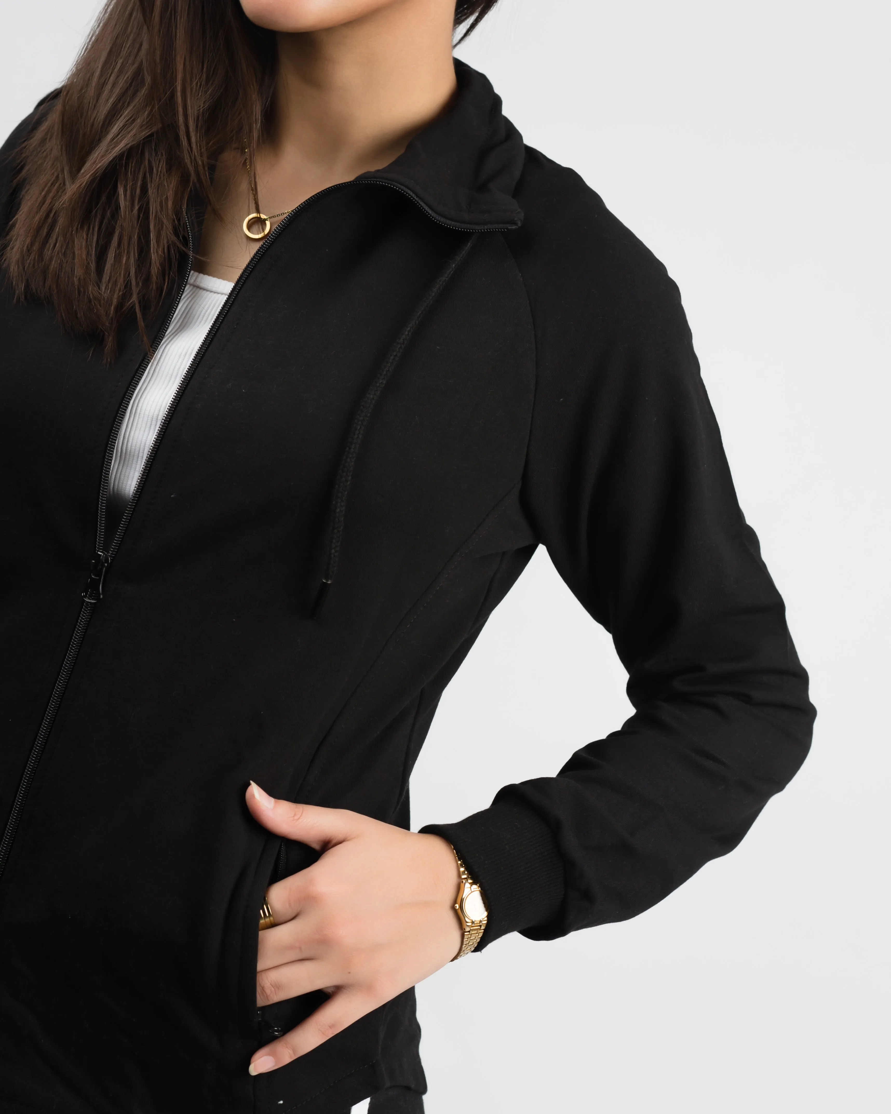 Classic Mock Neck Zipper Jacket Black