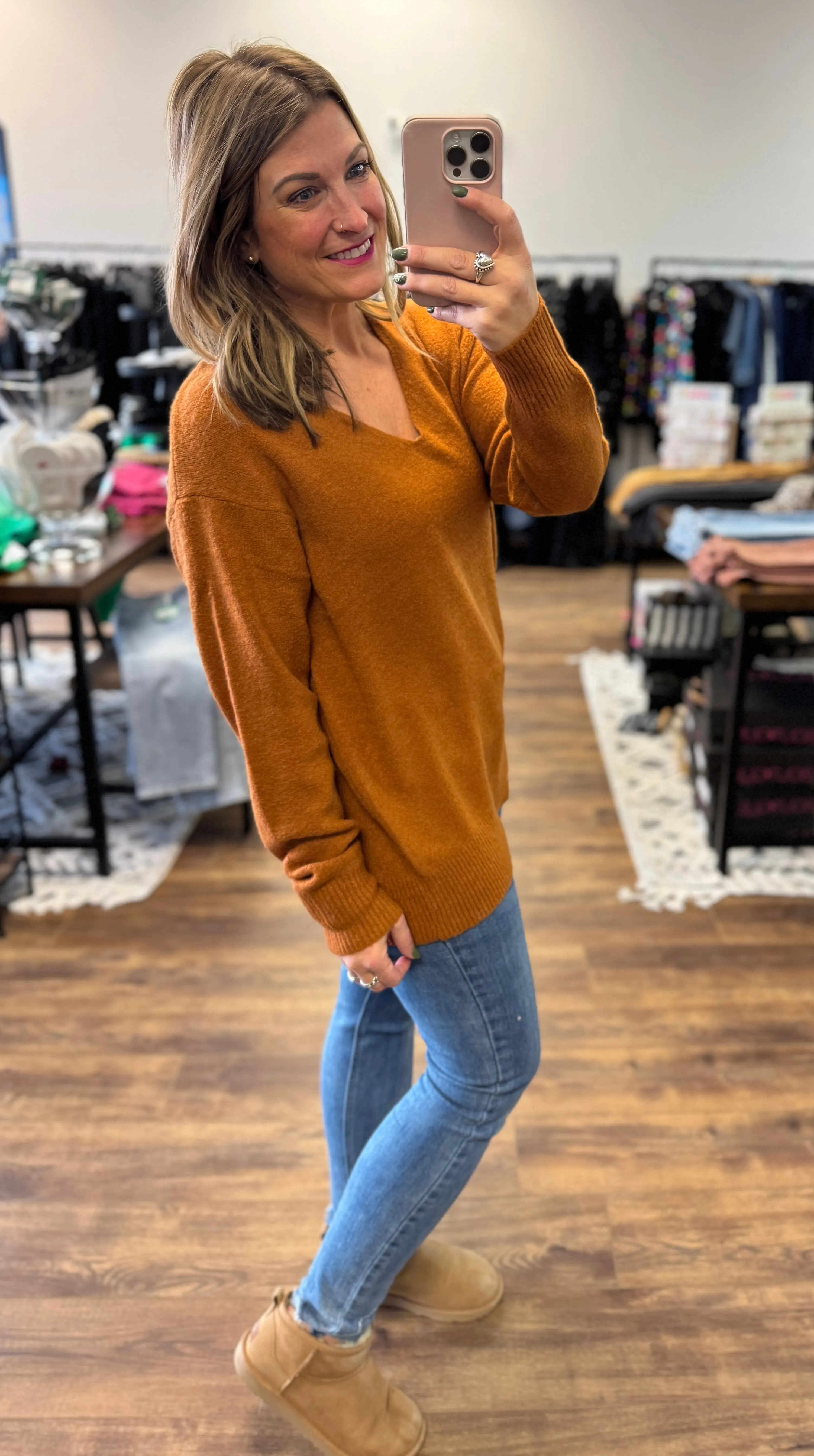 Classic V-Neck Sweater - Dark Camel