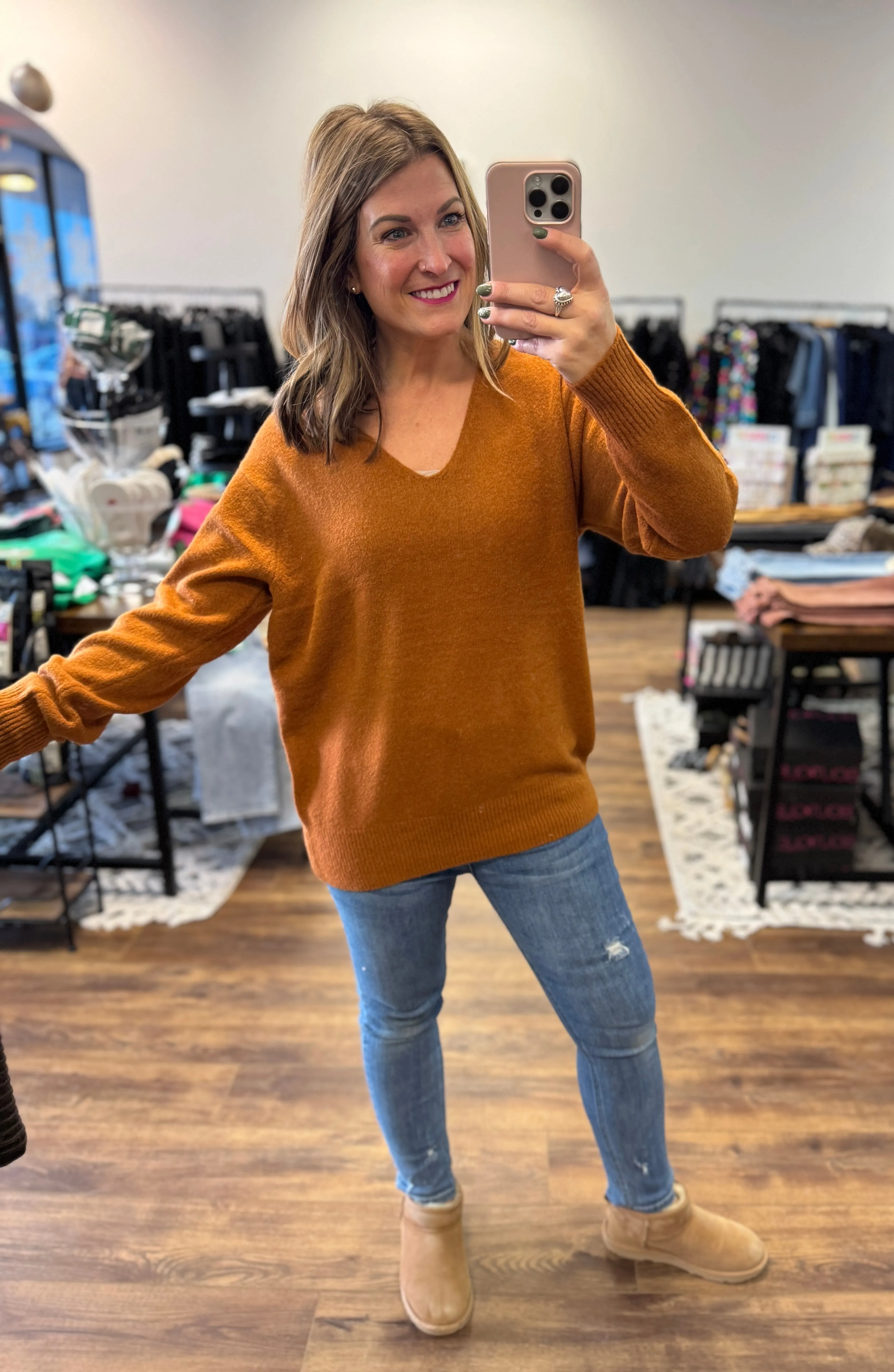 Classic V-Neck Sweater - Dark Camel