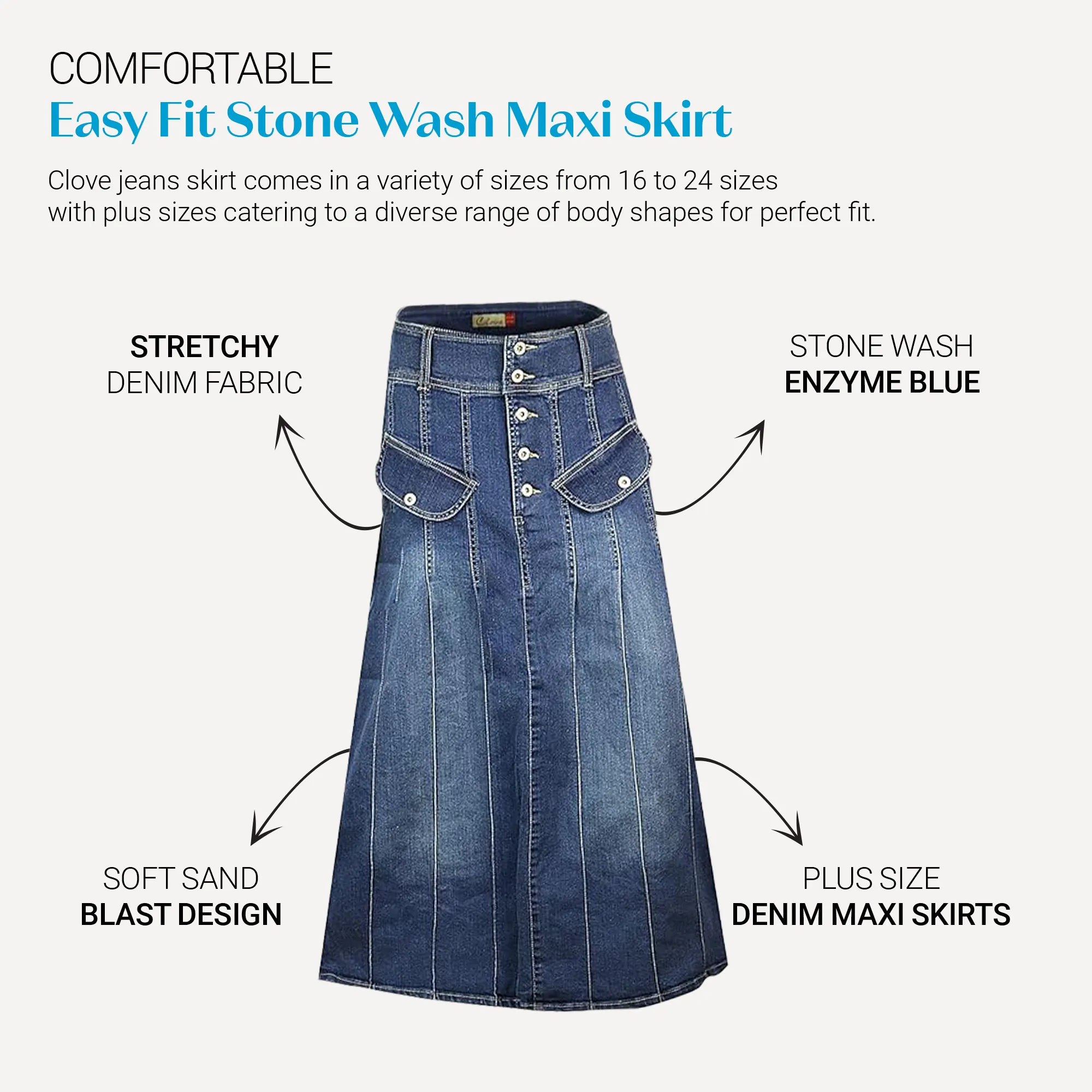 Clove Jeans Women's A Line Skirt Panel Stone Wash Denim Long Maxi Skirts 12-24