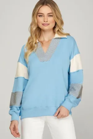 Color Block Sleeve Johnny Collar French Terry Sweatshirt