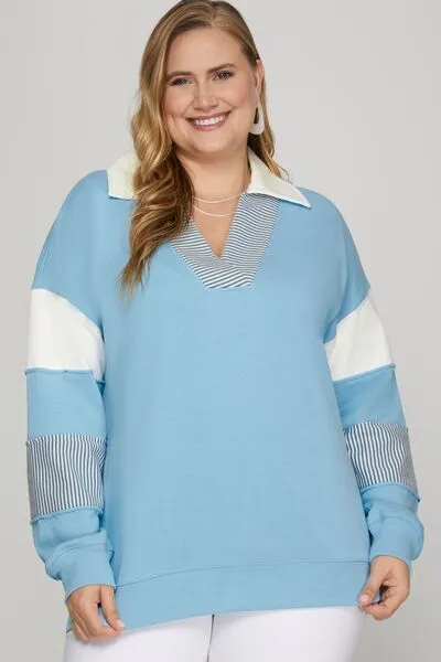 Color Block Sleeve Johnny Collar French Terry Sweatshirt
