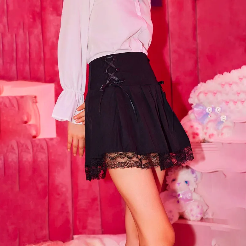 Contrast Lace Pleated Lace Up Skirt