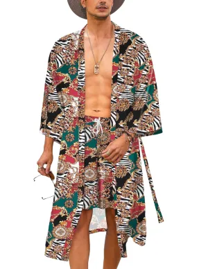 COOFANDY Men Lightweight 2 Piece Kimono Robe with Shorts Japanese Robes Casual Open Front Long Cardigan With Belt