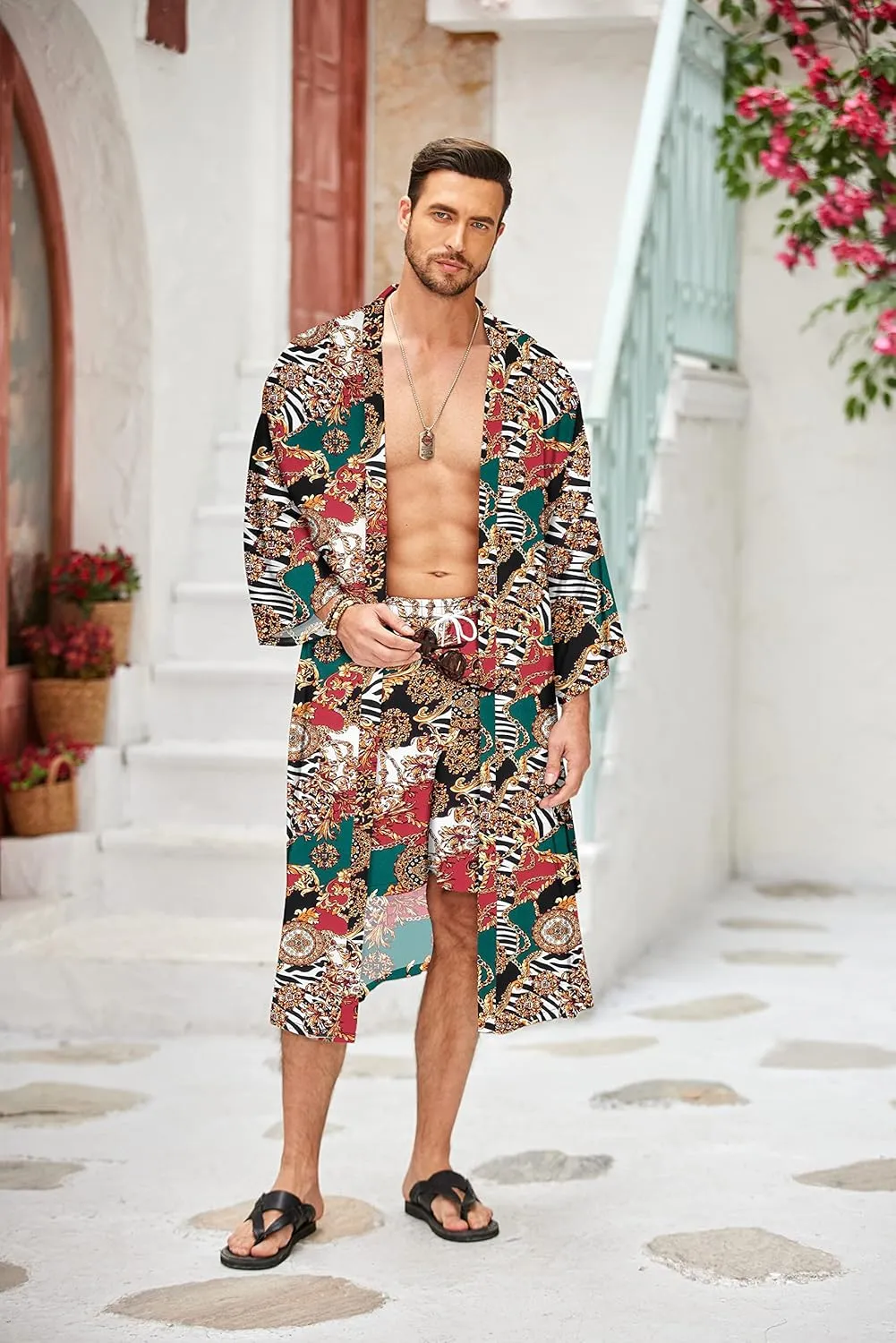 COOFANDY Men Lightweight 2 Piece Kimono Robe with Shorts Japanese Robes Casual Open Front Long Cardigan With Belt