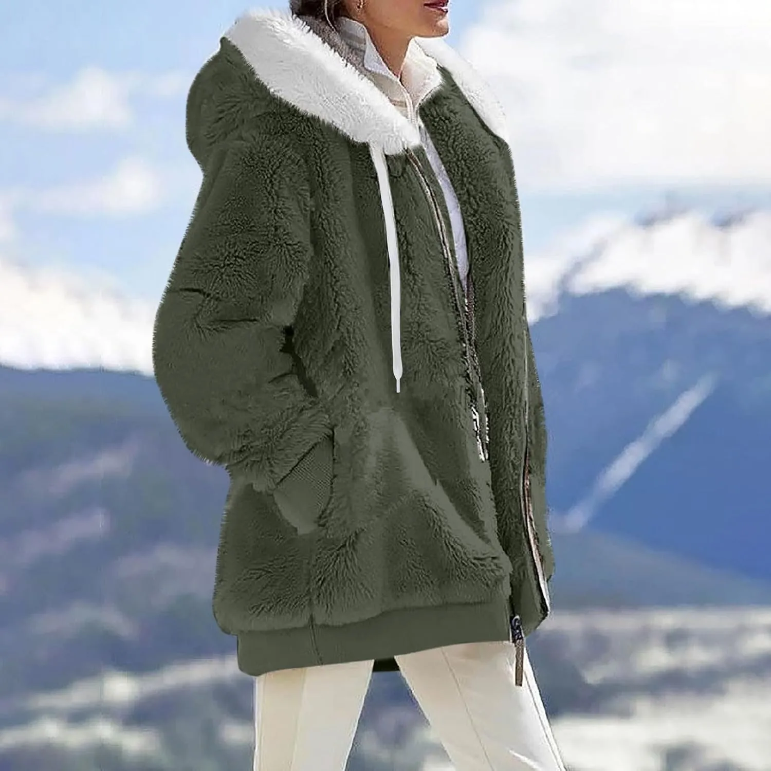 COTECRAM Winter Coats for Women 2023 Casual Plus Size Fleece Jacket Color Block Zip Up Hoodies Coat Outwear with Pockets