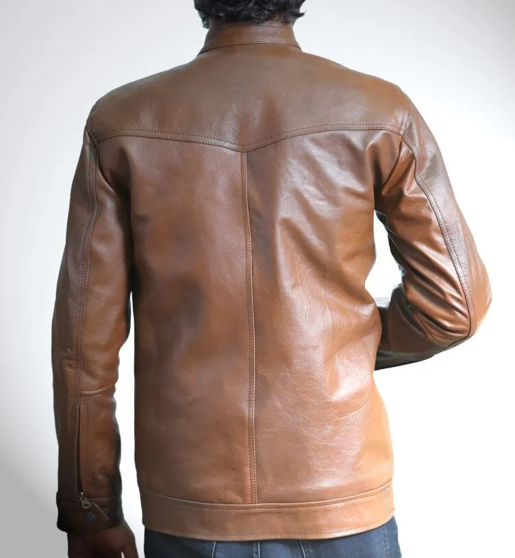 Crossover Light Brown Leather Jacket For Men