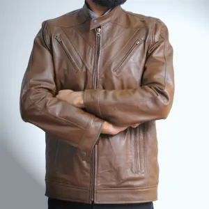 Crossover Light Brown Leather Jacket For Men