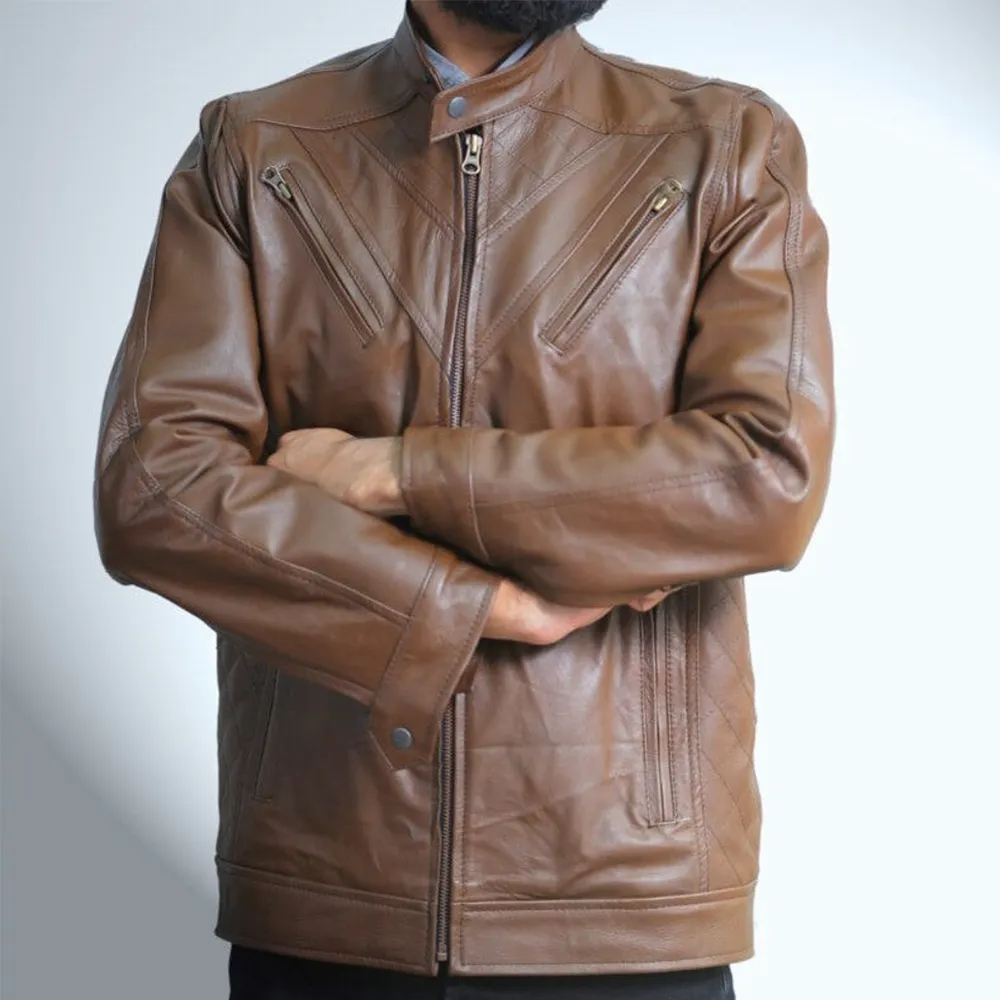 Crossover Light Brown Leather Jacket For Men