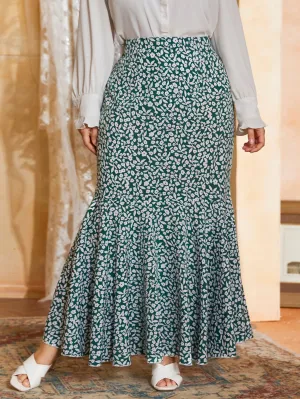 Ditsy Floral Ruffle Hem Maxi Plus Size Skirt