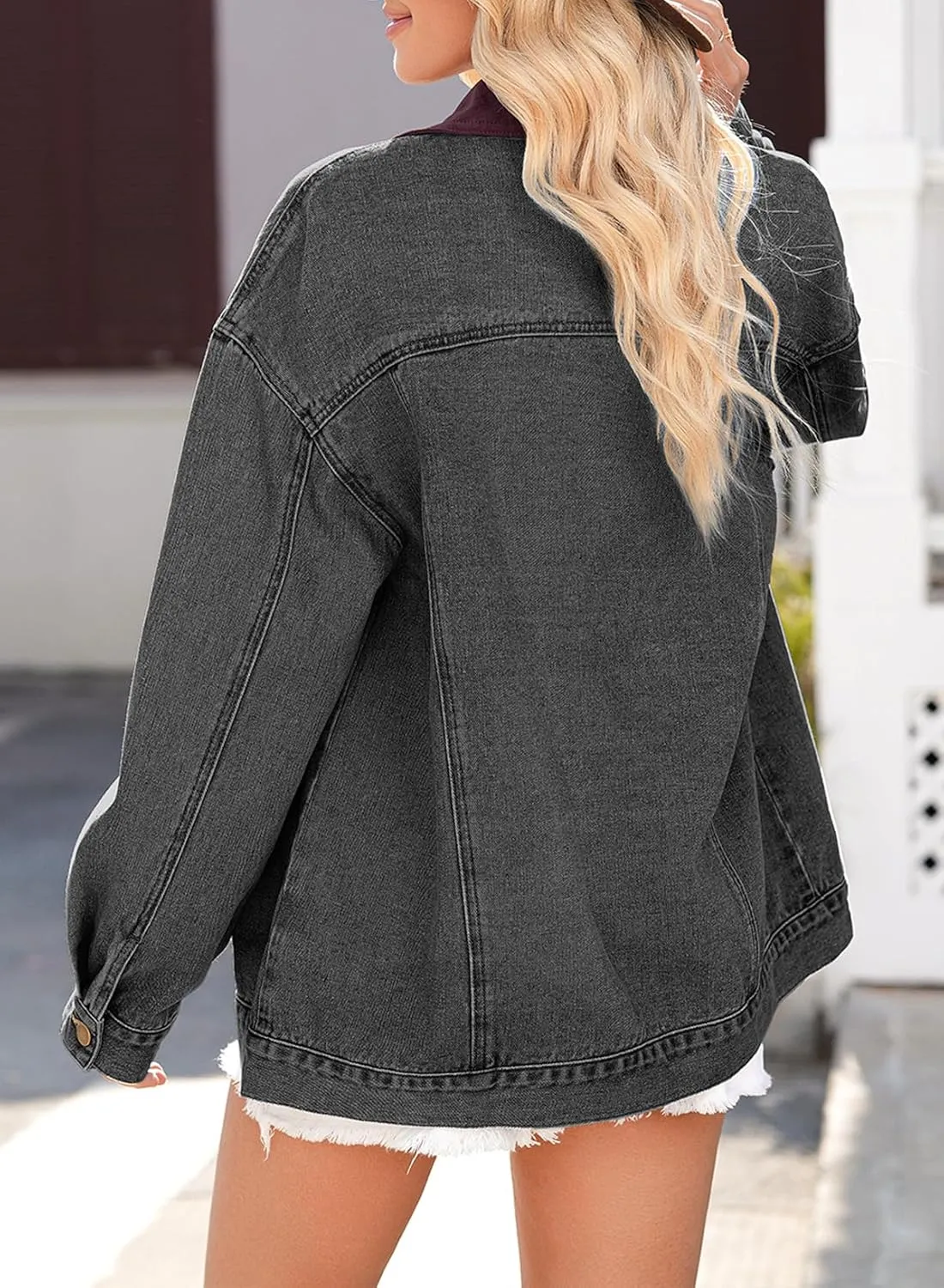 Dokotoo Women's Denim Jacket Oversized Contrast Collar Jean Jackets 2025 Spring Outfits Vintage Long Sleeve Shirts