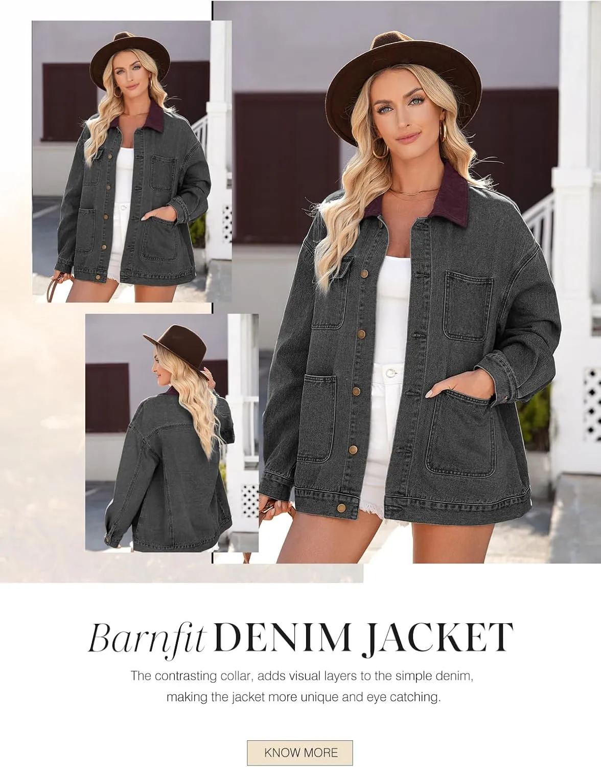 Dokotoo Women's Denim Jacket Oversized Contrast Collar Jean Jackets 2025 Spring Outfits Vintage Long Sleeve Shirts