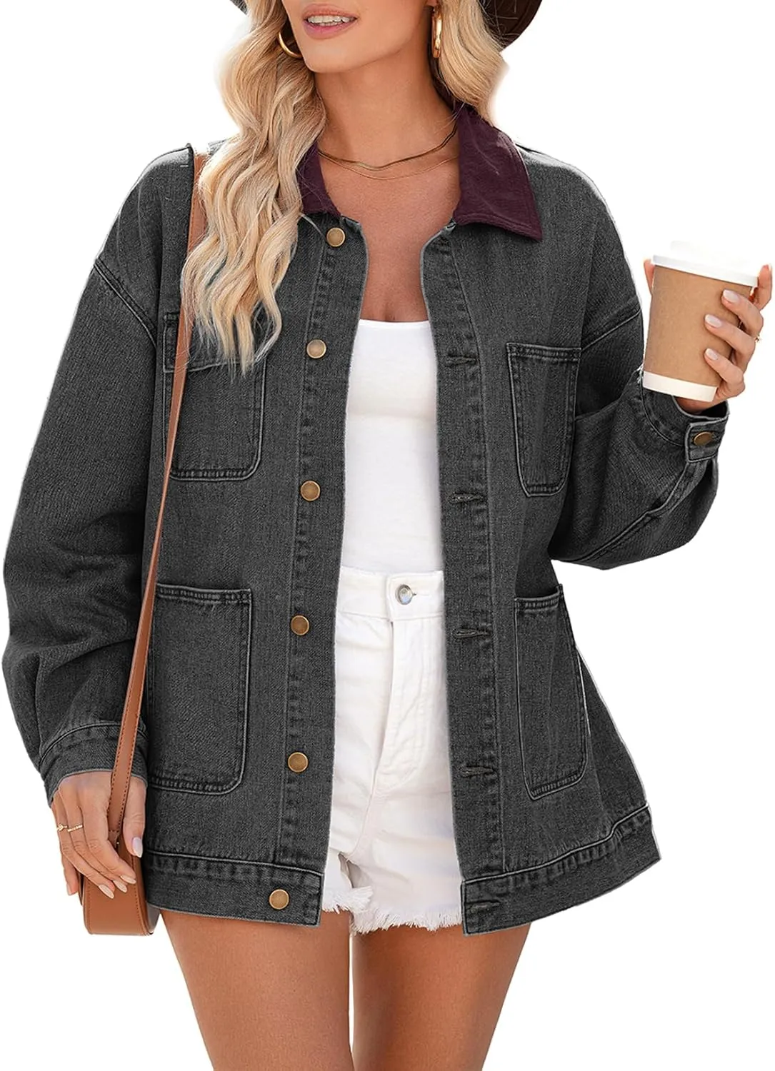 Dokotoo Women's Denim Jacket Oversized Contrast Collar Jean Jackets 2025 Spring Outfits Vintage Long Sleeve Shirts