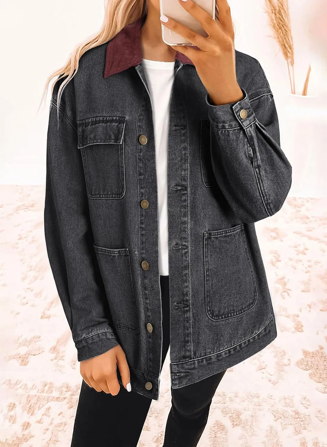 Dokotoo Women's Denim Jacket Oversized Contrast Collar Jean Jackets 2025 Spring Outfits Vintage Long Sleeve Shirts