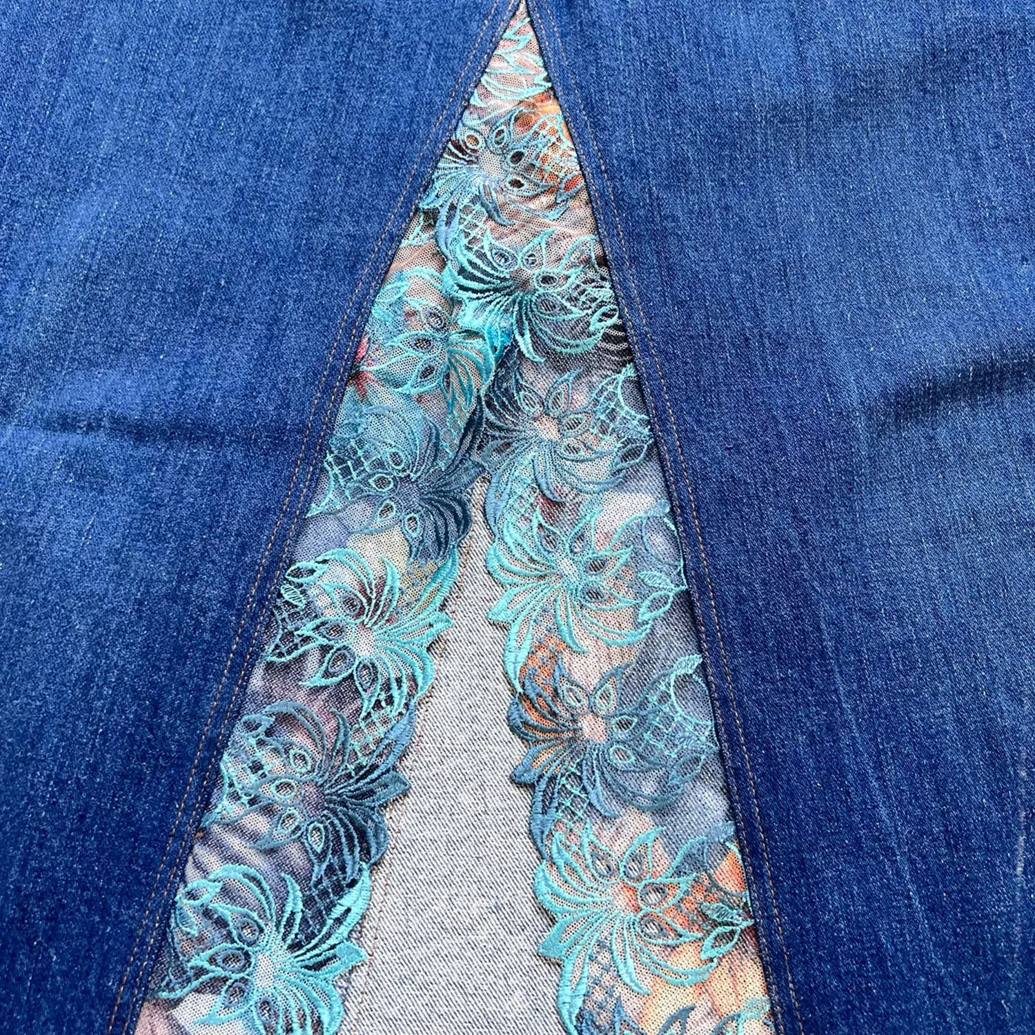 Embellished Denim Skirt In Blue With Blue Lace