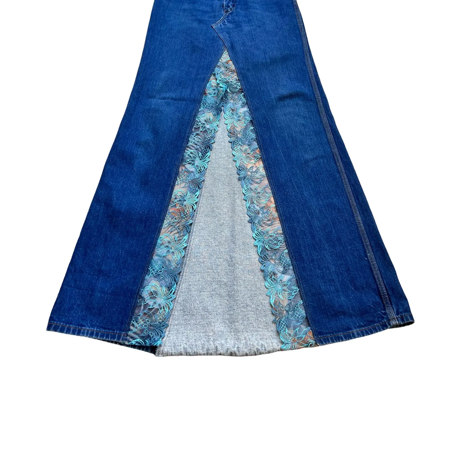 Embellished Denim Skirt In Blue With Blue Lace